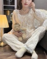 Flannel lace court pajamas - Victorian sleepwear, featuring a cozy, ruffled design.