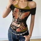 Butterfly Print Off-shoulder T-shirt - Y2K Aesthetic word2
