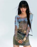 Oil paint mesh print artsy aesthetic top featuring an abstract landscape design.