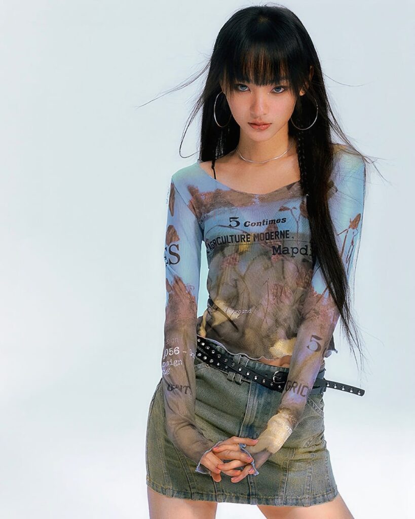 Oil paint mesh print artsy aesthetic top featuring an abstract landscape design.