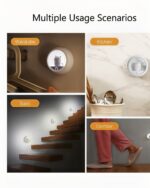 Multiple usage scenarios featuring the kawaii cat lamp: wardrobe, kitchen, stairs, and corridor.