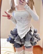 Y2k Lolita Set featuring a long-sleeved ribbed top and ruffled skirt.
