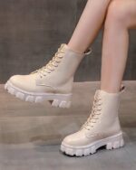 Soft Interior Boots - Gothic Collection: Beige gothic over knee boots with chunky soles and laces.