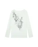 White korean off shoulder t-shirt with floral and bird design print.