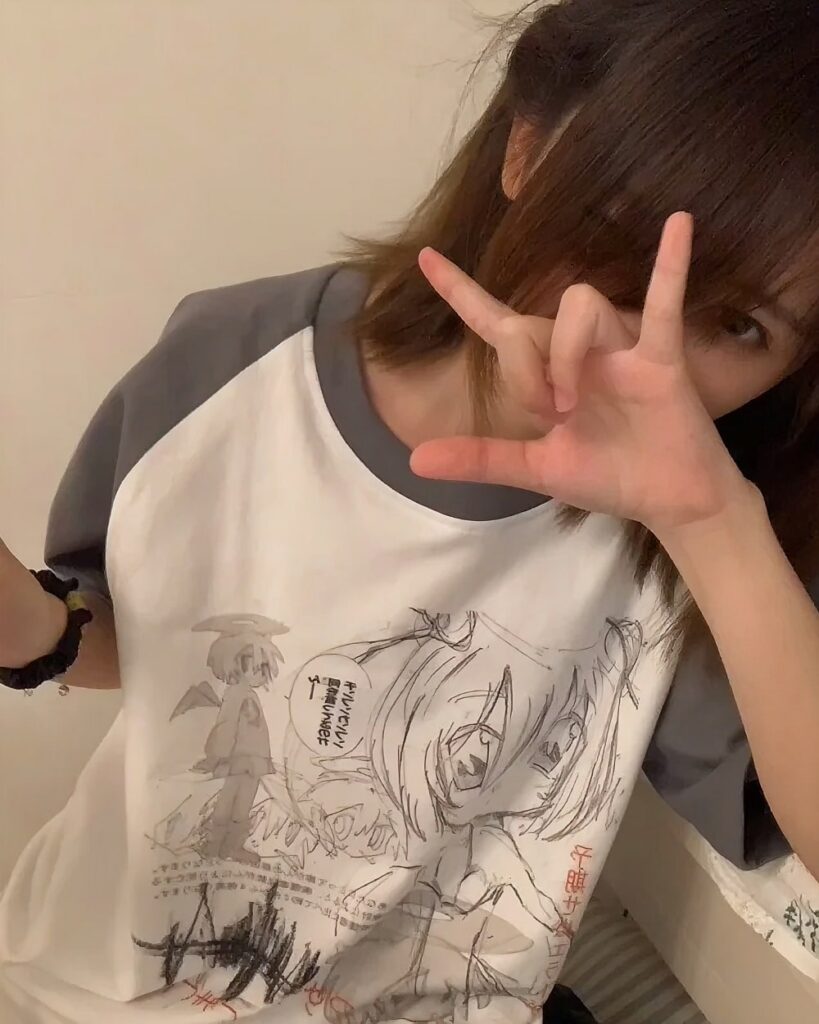 White animecore aesthetic shirt with a black and white anime illustration.