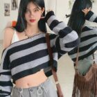 Off-the-shoulder Short Sweater - Retro Aesthetic word1