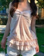Japanese-Style Tank Top - Soft Girl Aesthetic, striped crop top with ruffles.