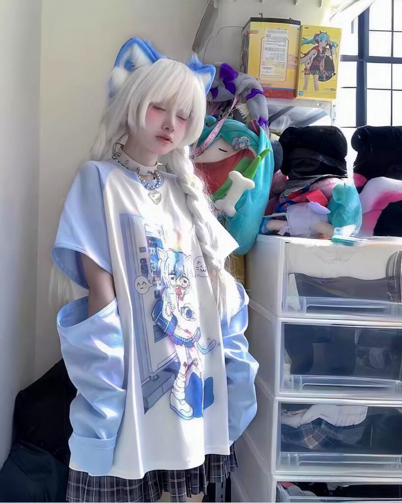 Saggy animecore aesthetic shirt with an anime illustration print.