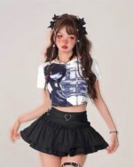Black kawaii lolita skirt with ruffles and a belt detail, showcasing Harajuku fashion style.