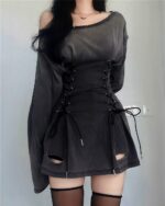 Black grunge aesthetic dress with off-shoulder and corset detailing.