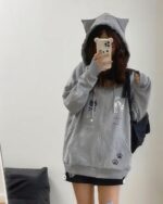 Grey cat paw hoodie with bear and cat graphics, Harajuku style.