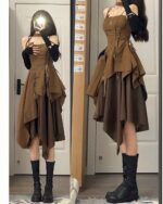 Two-piece retro aesthetic dress featuring a corset top and layered skirt. It has lacing details and a unique, asymmetrical design.