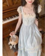 Lace Bow Long Dress - Cottagecore aesthetic dress in a light blue hue, featuring delicate lace details and a vintage style.