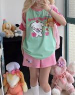 Model wearing a Kawaii Sweet Wishes Tee - Lolita aesthetic tee with plush toys.
