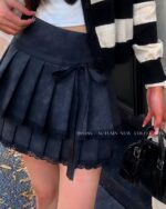 Black laced pleat koredan aesthetic skirt with tie closure, layered design.