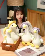 Kawaii Molly the Little Flower duck plushie toy displayed with a woman.