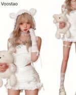 Two models wearing the kawaii coquette set, featuring a teddy bear and lace details.