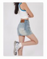 High Waist Denim Skirt - Y2K Aesthetic, light wash denim mini skirt.