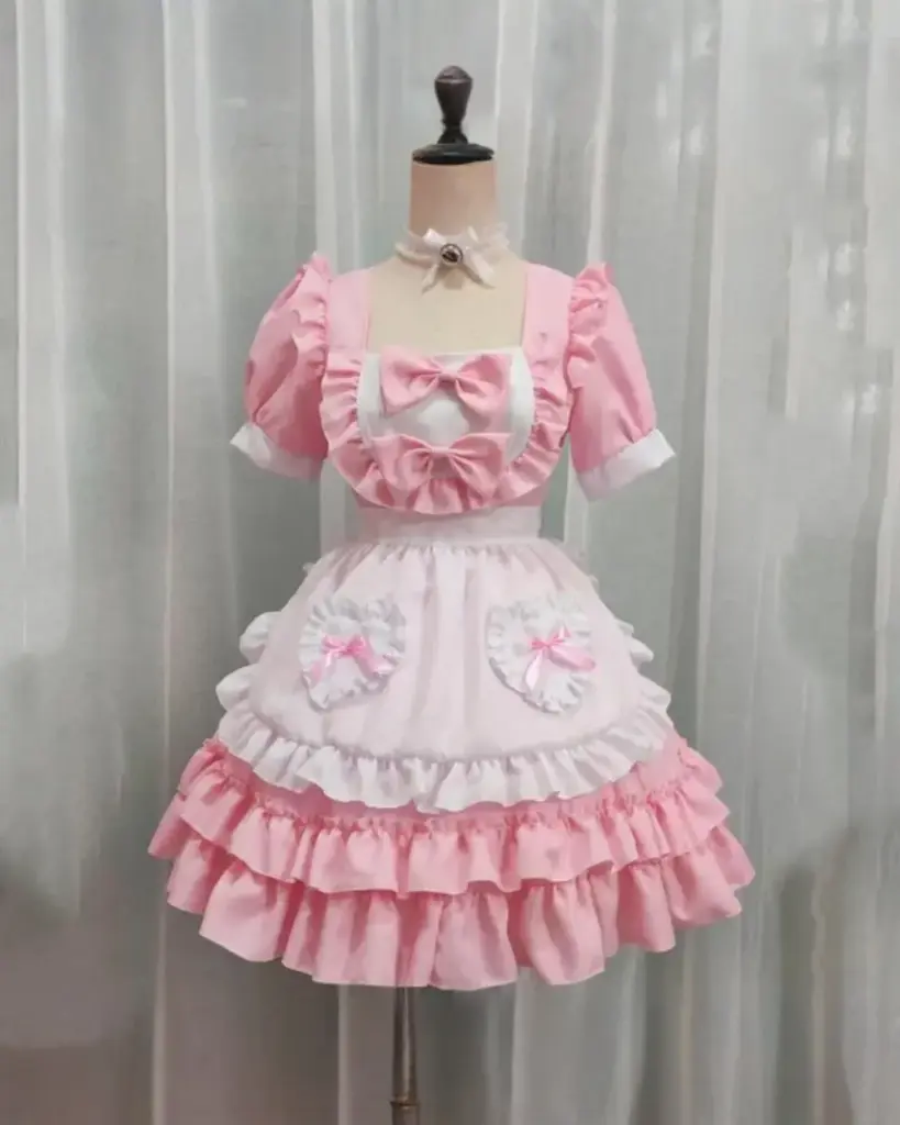 Unisex Japanese Maid Dress - Kawaii Aesthetic, layered pink and white short dress with ruffles.