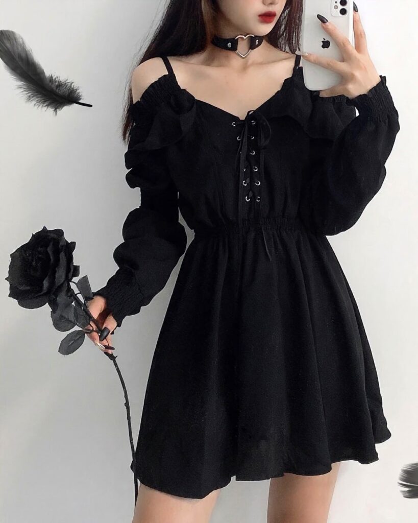 Solid black gothic aesthetic dress with long sleeves and off-the-shoulder neckline, featuring lace detailing.