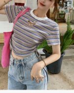 Stripped butterfly top, korean aesthetic top, striped short sleeve shirt worn by a woman.