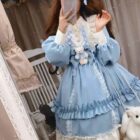 Plus size hime lolita dress featuring a blue layered design with ruffles and lace details.