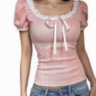 Lace Edge Square Collar Top - Coquette Aesthetic word1