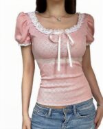 Pink lace edge square collar coquette aesthetic top with puff sleeves and bow detail.
