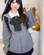 Gray sailor collar jacket worn by a model, Japanese streetwear style.