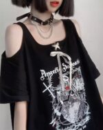 Dark Angel Oversized Tee - Gothic Lolita tee featuring a detailed print design and layered accessories.