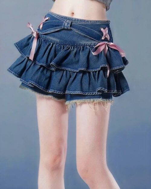 Laced Denim Mini Skirt - Y2K Aesthetic