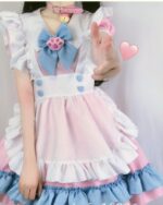 Kawaii Lolita maid dress featuring a white and pink design with a paw print and heart accents, Yume Kawaii Edition.