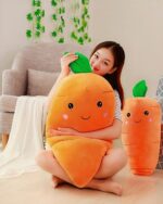 Two kawaii carrot plushies displayed with a person. Soft, orange plush toys with facial features.