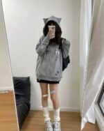 Grey cat paw print hoodie featuring Harajuku aesthetic design.