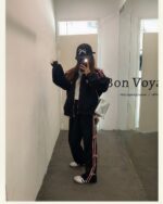 Black sports sweater set with pink trim, Korean aesthetic style.