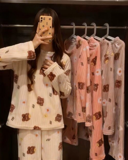 Bear Print Coral Pajamas Suit - Korean Aesthetic