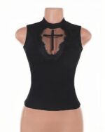 Black gothic mesh top featuring a cross detail. Product keyword: gothic mesh top