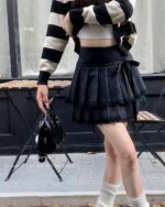 Laced Pleated Skirt - Korean aesthetic skirt, featuring a pleated design and tied waist detail.