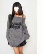 Grey gothic aesthetic sweater featuring a textured knit design and off-shoulder style.
