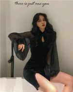 Black korean aesthetic dress with sheer sleeves and a high slit, featuring a modern cheongsam design.
