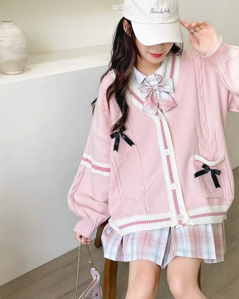 Pretty Bow Sweater - Kawaii Clothes, pink cardigan with bow details and a plaid skirt.