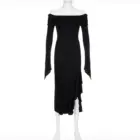 Black off-the-shoulder gothic aesthetic dress with long sleeves and asymmetrical hem.