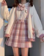 Japanese Style Bowed Cardigan Set - Soft Girl cardigan set with plaid skirt and bow.