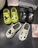 Cute waterproof platform sandals in green, black, and white, featuring decorative embellishments. Outdoor edition aesthetic summer shoes.