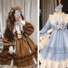 Two plus size hime lolita dresses: a brown and a blue layered fantasy dress with ruffles.