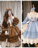 Two plus size hime lolita dresses: a brown and a blue layered fantasy dress with ruffles.
