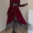 Retro Red Velvet Waist Up Dress - Gothic Aesthetic word2