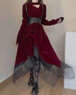 Retro Red Velvet Waist Up Gothic Aesthetic Dress featuring a dark velvet bodice and layered skirt.