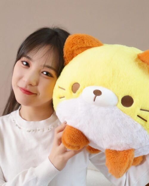 Kawaii Neko Cat Round Pillow, a plushie with yellow and brown fur, held by a person.
