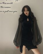 Black Korean aesthetic dress with long sleeves and a sweetheart neckline.